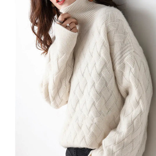 Woven turtleneck sweater, front view