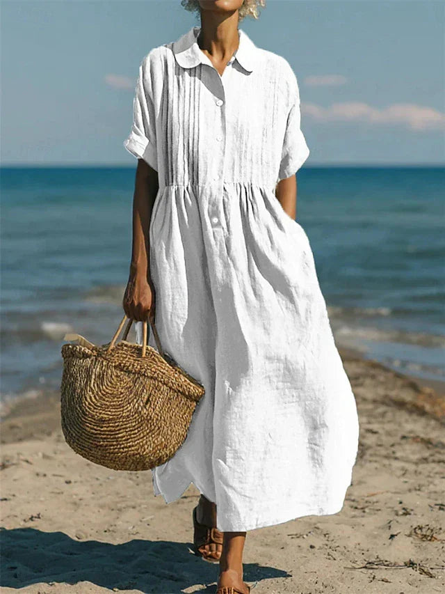 Button-front shirt dress with a collar and cinched waist, front view