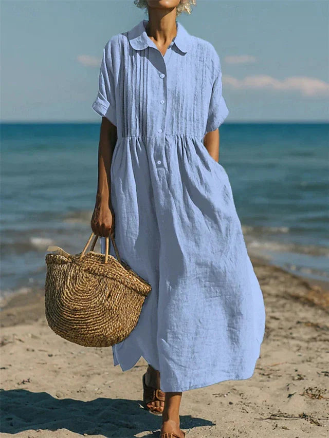 Shirt dress showing the cinched waist and sweeping skirt