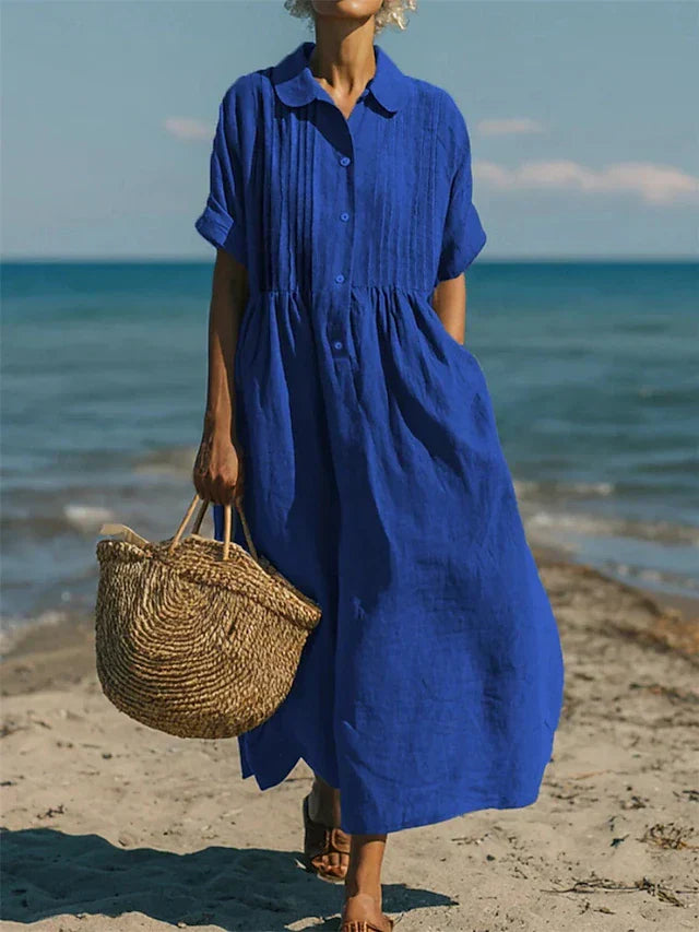 Shirt dress showing the collar and button placket