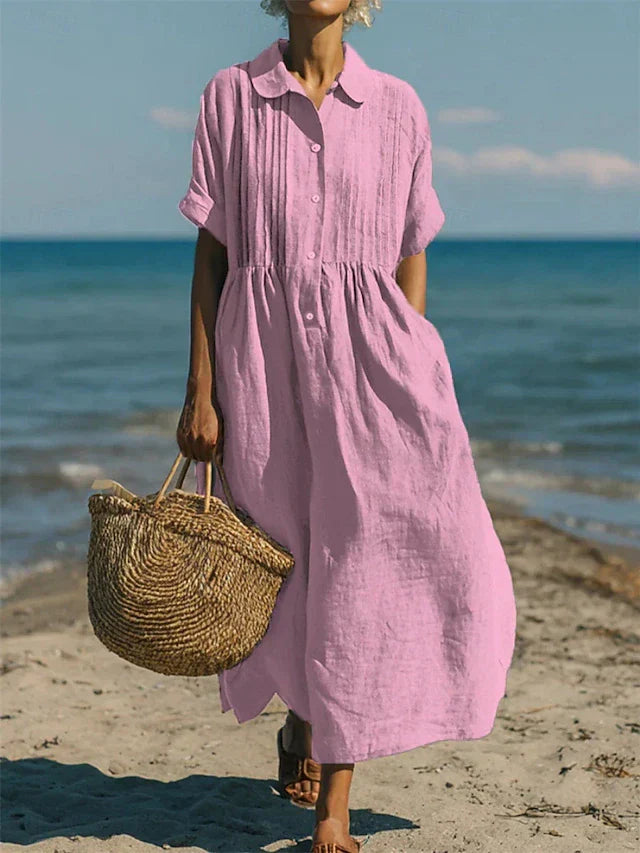 Collared shirt dress shown from the side