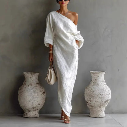 One-shoulder maxi dress with a batwing sleeve, front view