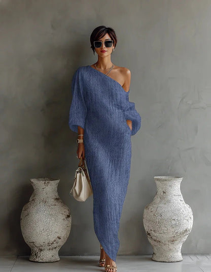 One-shoulder maxi dress showing the side seam pocket