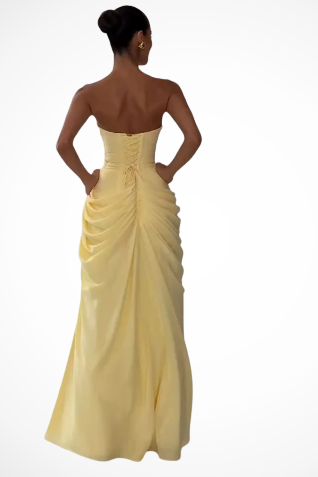 Strapless evening dress seen at full length