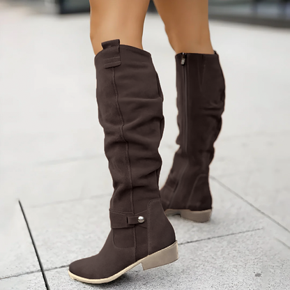 Slouchy knee-high riding boots shown in a third colourway