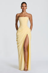 Strapless maxi dress with a boned corset bodice, front view