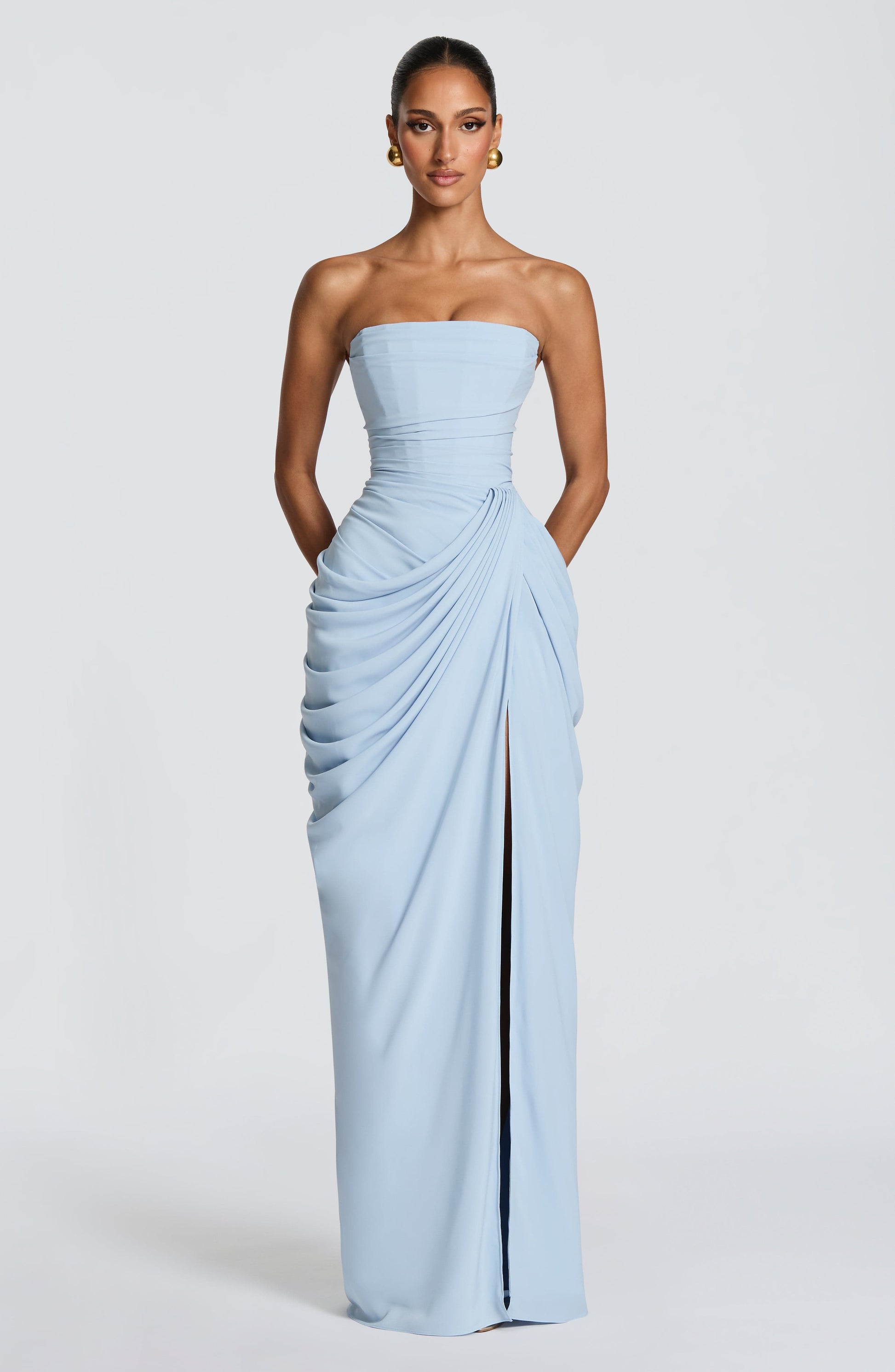 Strapless maxi dress showing the straight neckline