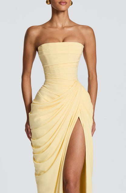 Strapless maxi dress seen at full length