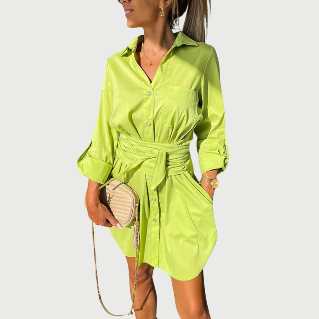 Shirt dress showing the button placket and long sleeves