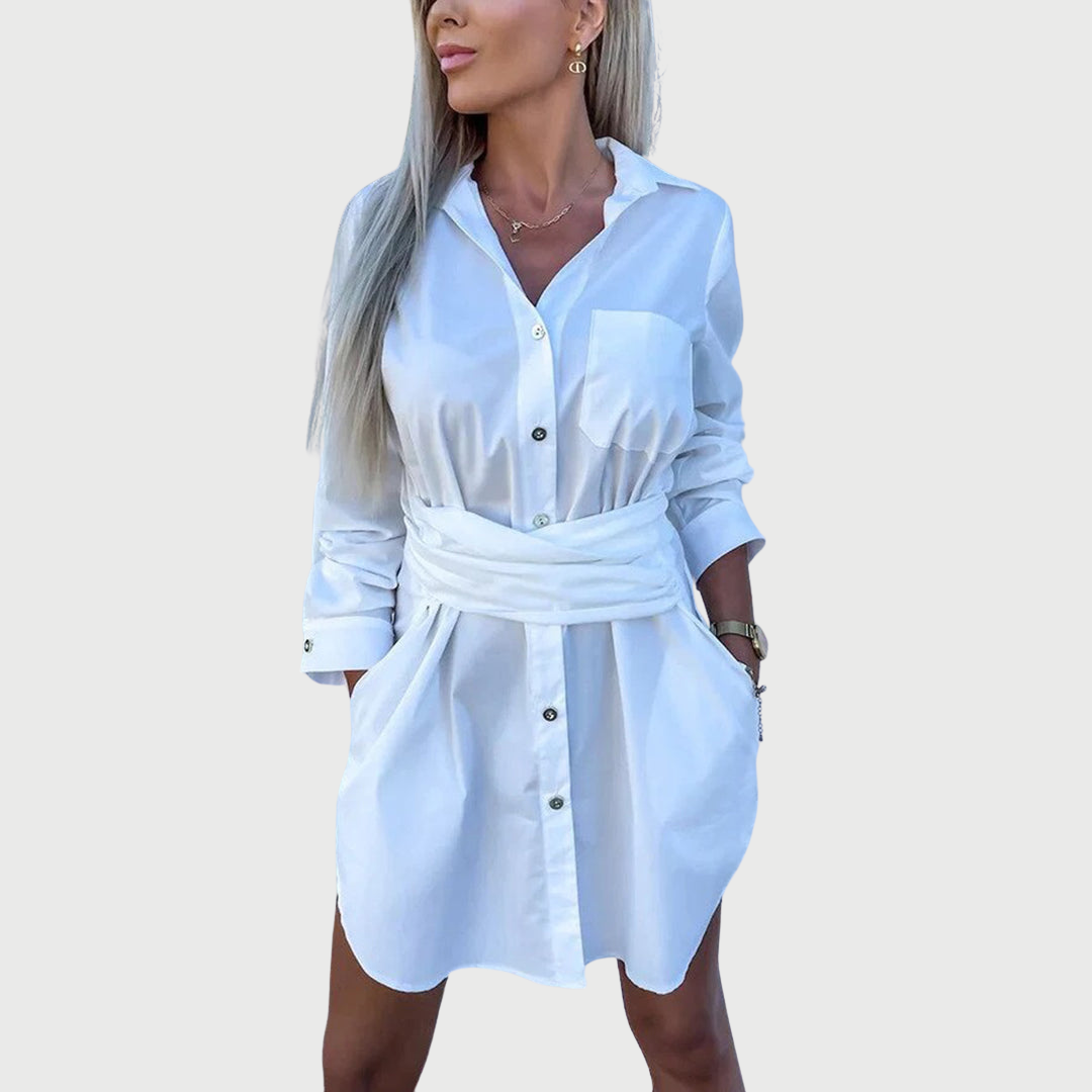 Shirt dress showing the clean hem