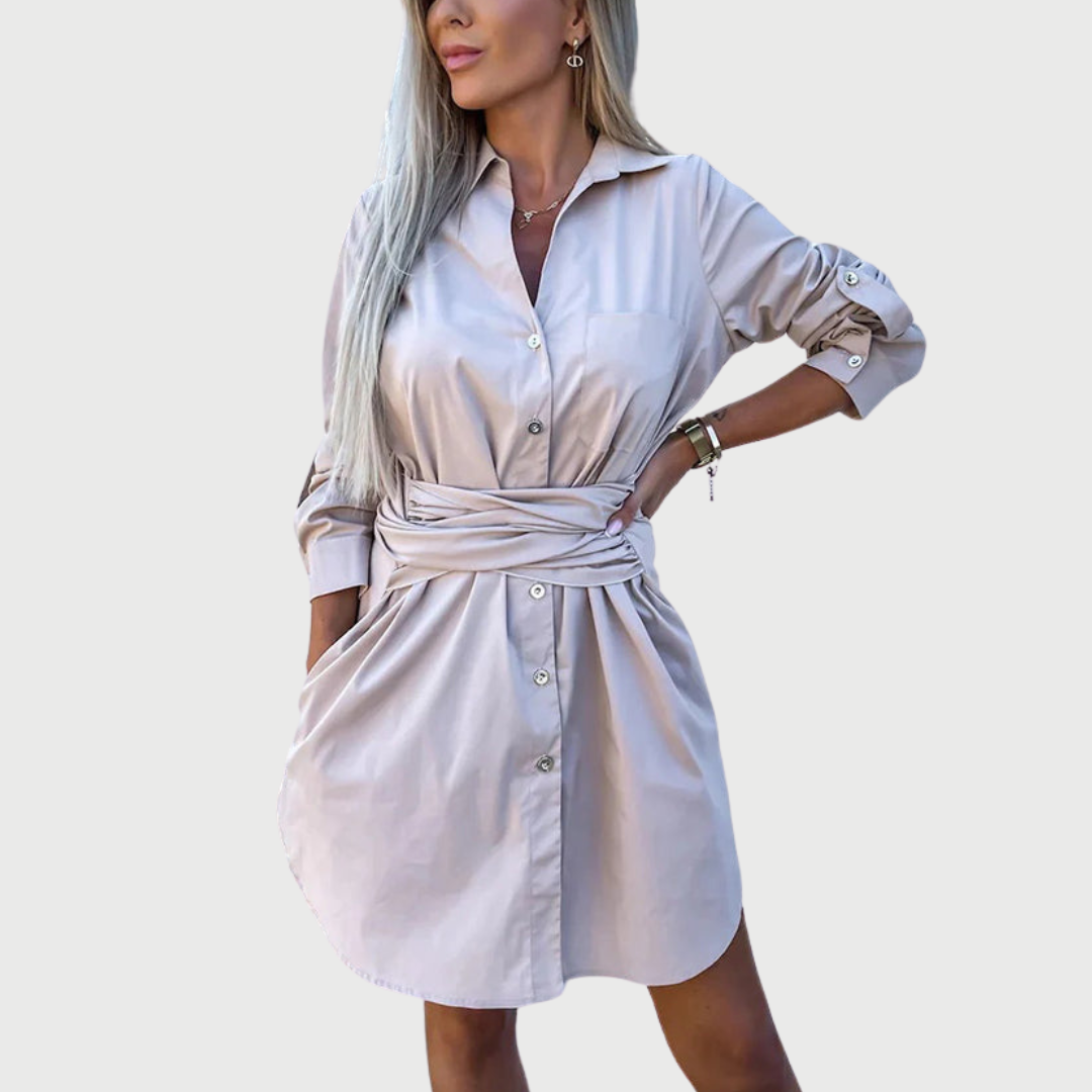 Long-sleeve shirt dress with a button-front opening, front view