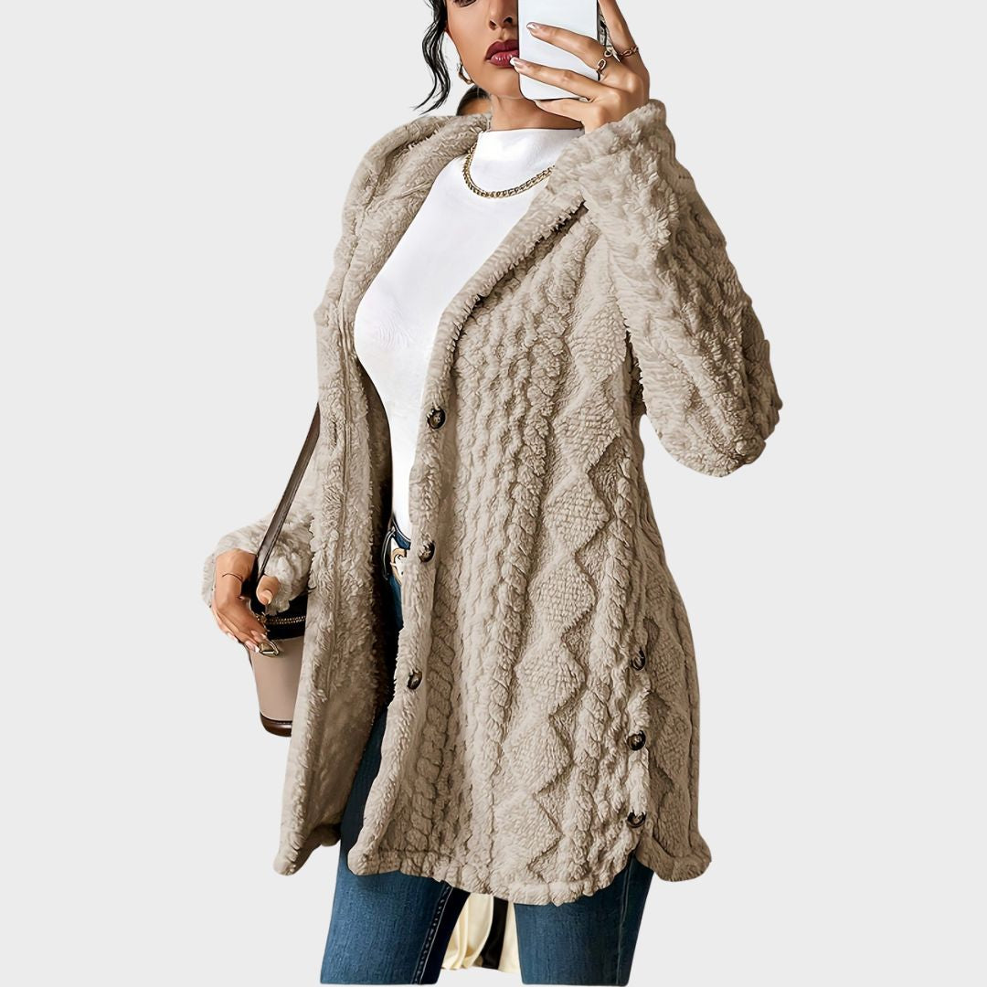 Textured coat shown from the side
