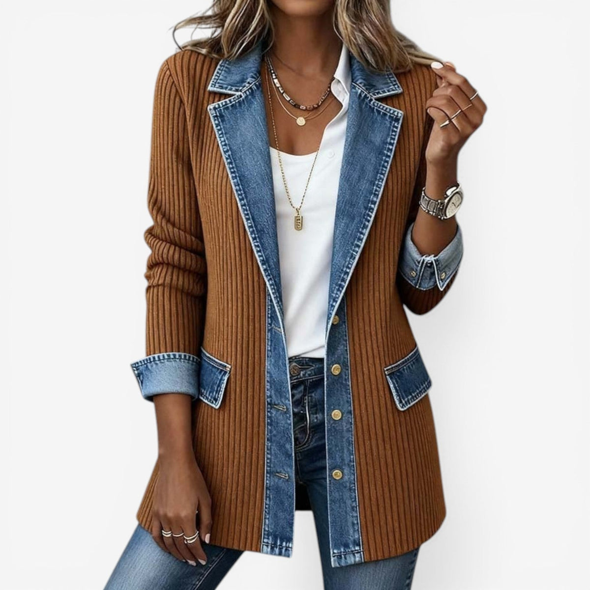 Layered-collar jacket shown open at the front
