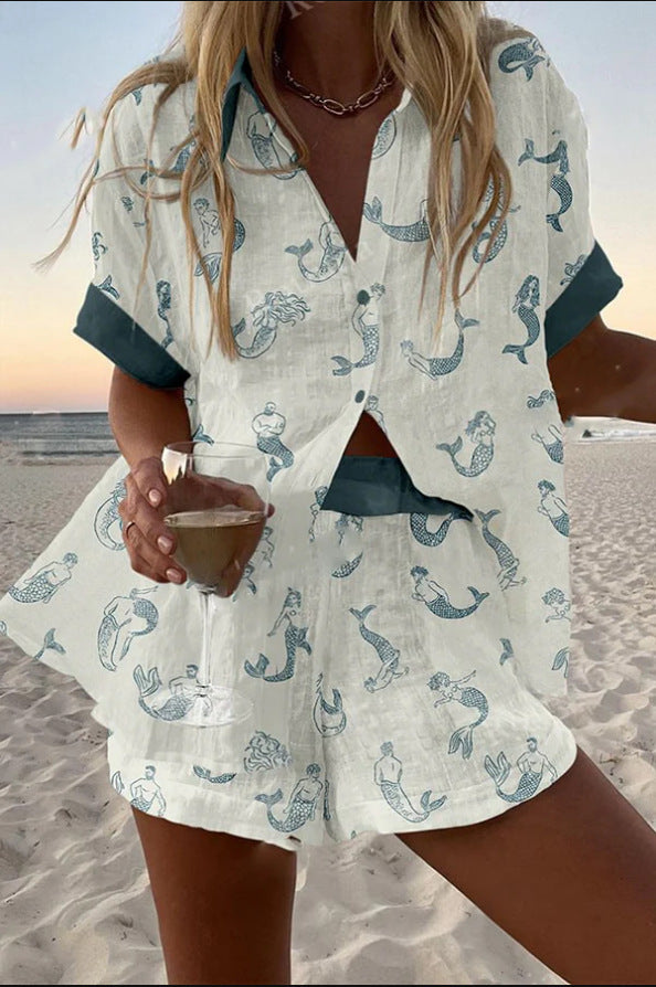 Elizabeth | Short linen set with mermaid print.