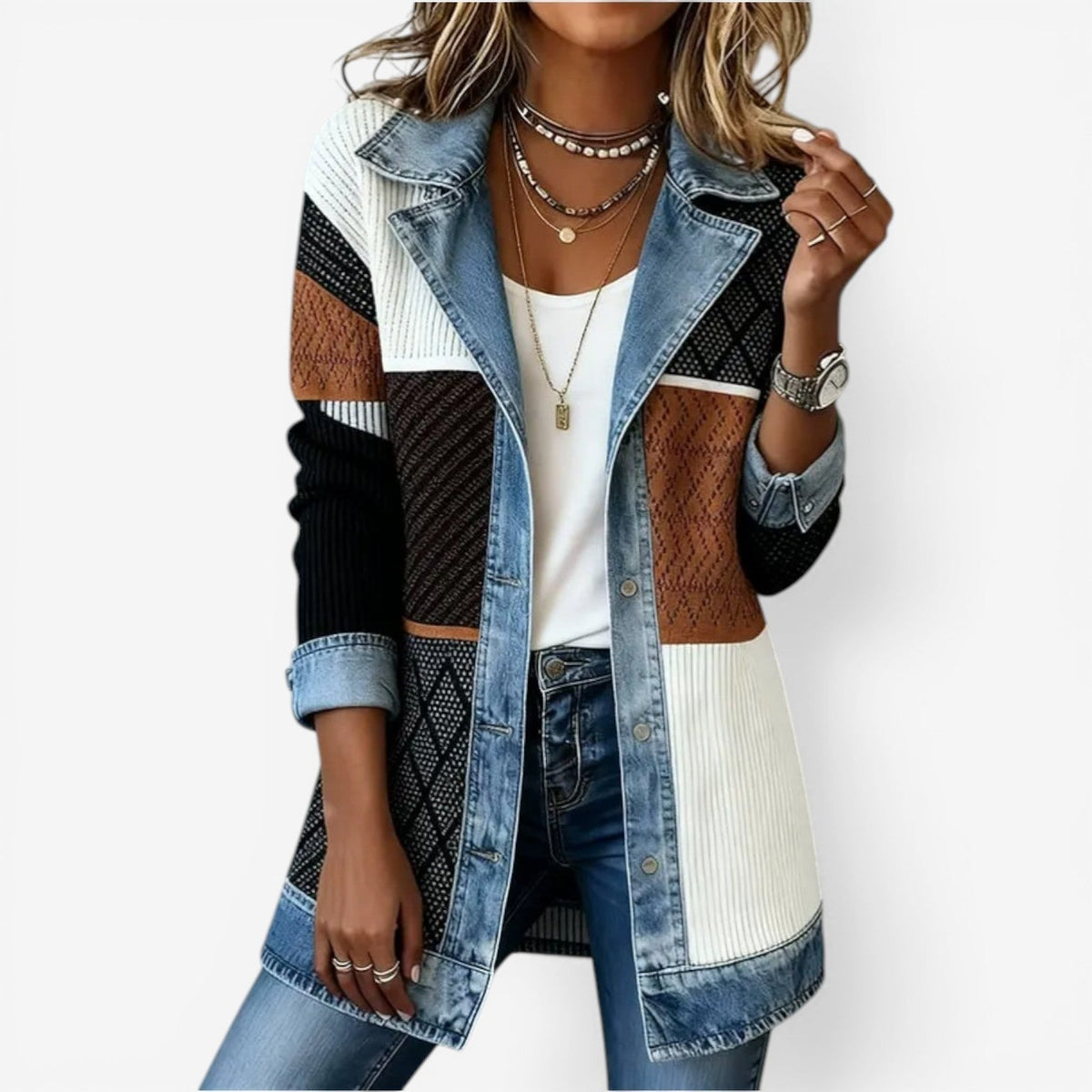 Knit jacket showing the layered collar and texture