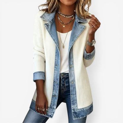 Layered-collar knit jacket with mixed texture, front view