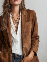 Hip-length tailored blazer with a notch lapel, front view