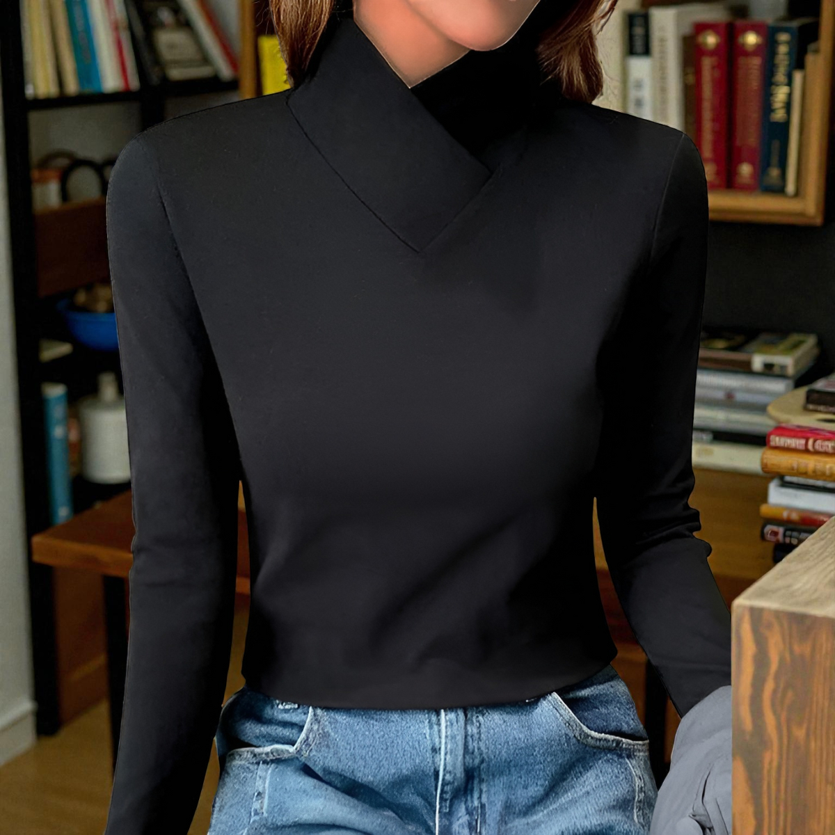 High-neck fitted sweater shown in a fourth colourway