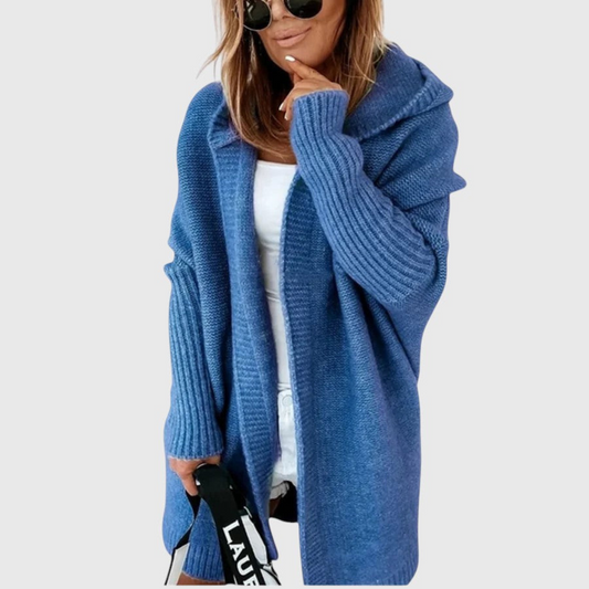 Mid-length hooded cardigan, front view