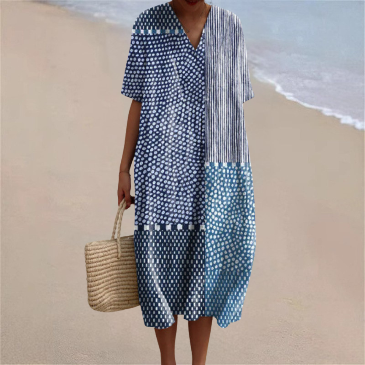 Aria™ | Blue Patchwork Breeze Summer Dress