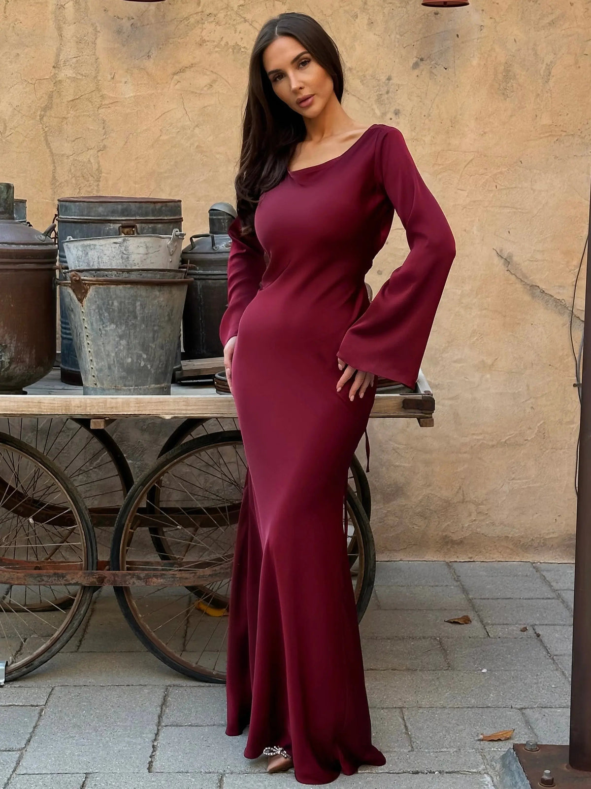 Long-sleeve maxi dress seen from the front, alternate view