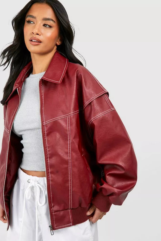 Oversized red jacket with wide lapels, front view