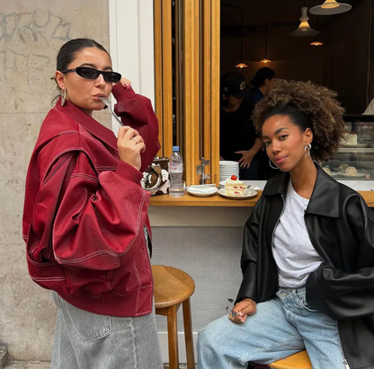 Red oversized jacket shown open at the front