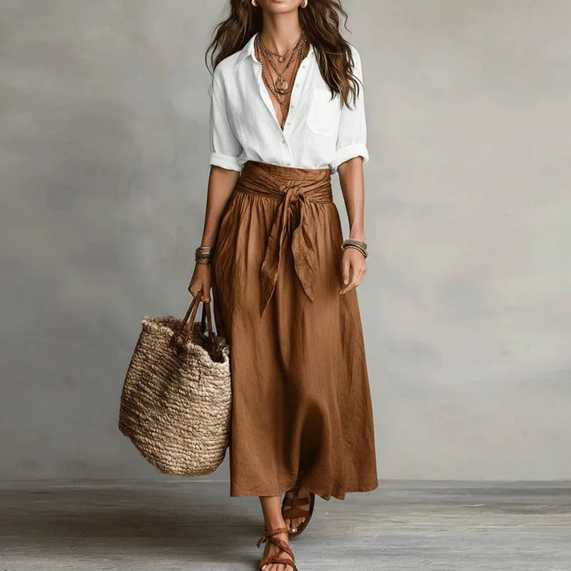 Two-piece set showing the tie-waist skirt and blouse