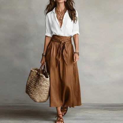Two-piece set showing the tie-waist skirt and blouse