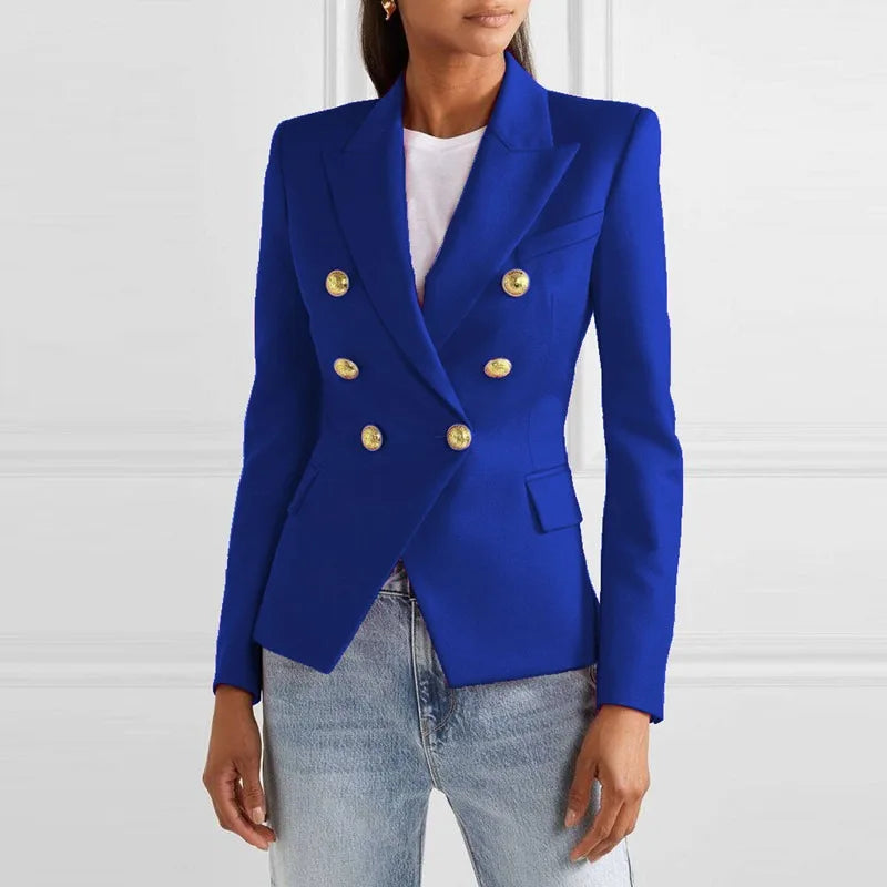 Double-breasted blazer with metal lion buttons, front view