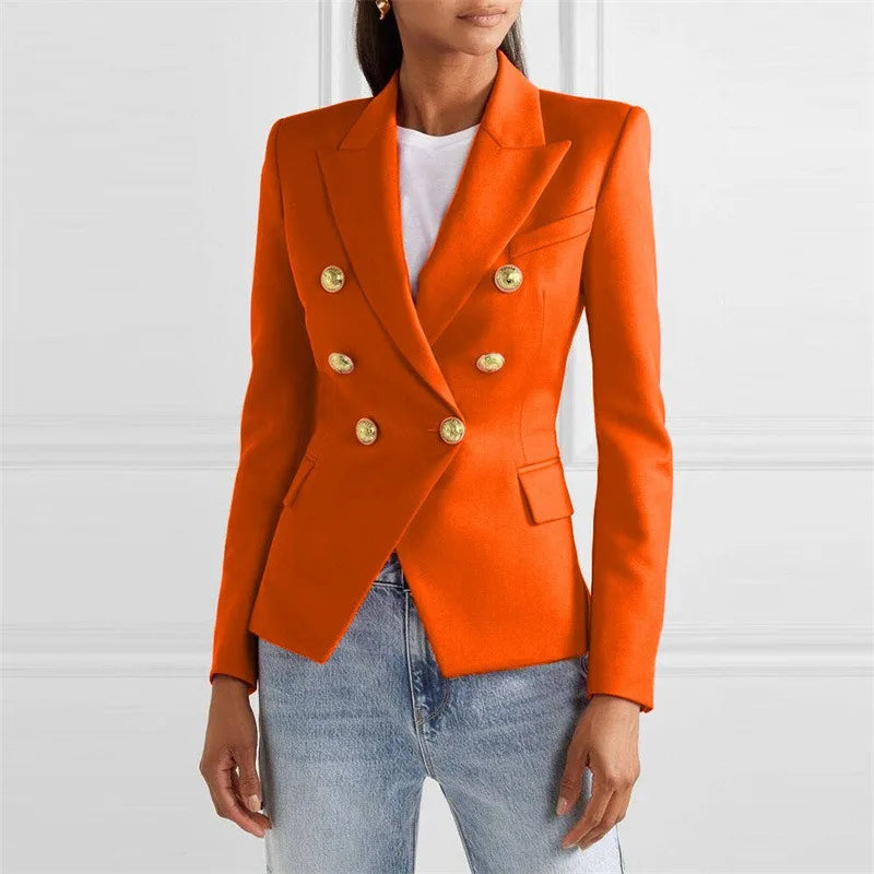 Double-breasted blazer photographed at an angle