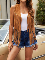 Frederika | Open-Front Fringe Vest with Stud Accents