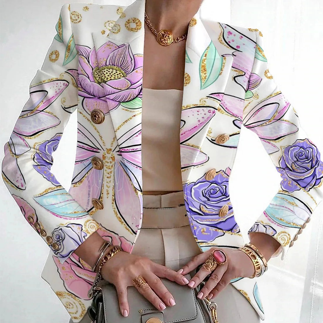 Printed blazer shown in a third pattern