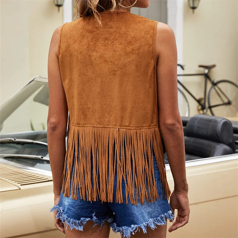 Frederika | Open-Front Fringe Vest with Stud Accents