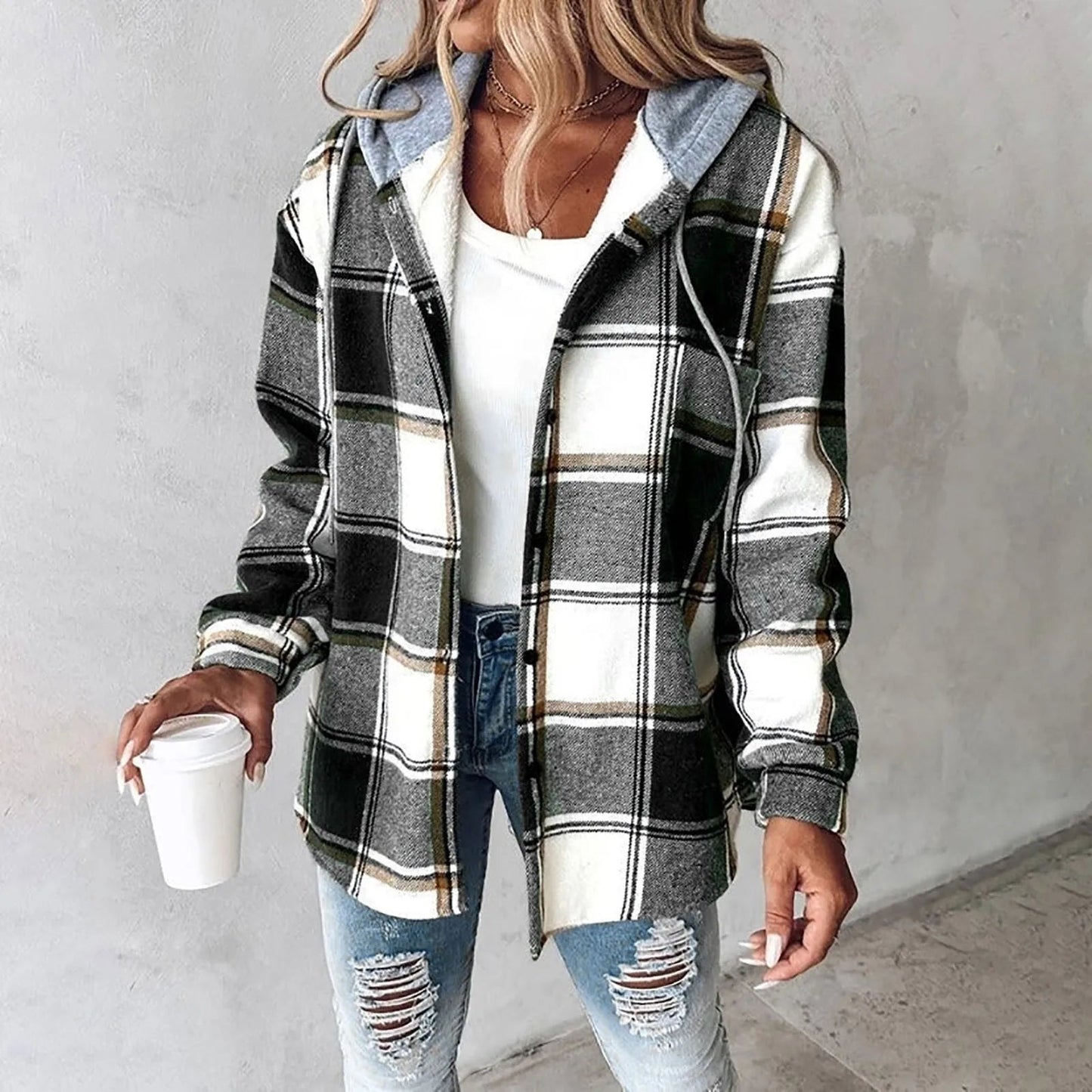 Checked lined cardigan with an open front, front view