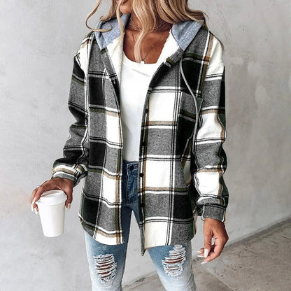 Checked lined cardigan with an open front, front view
