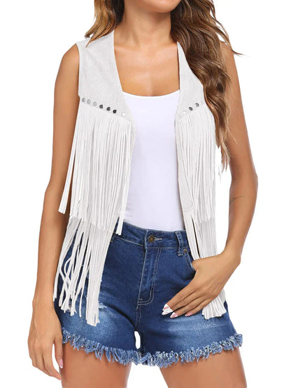 Frederika | Open-Front Fringe Vest with Stud Accents
