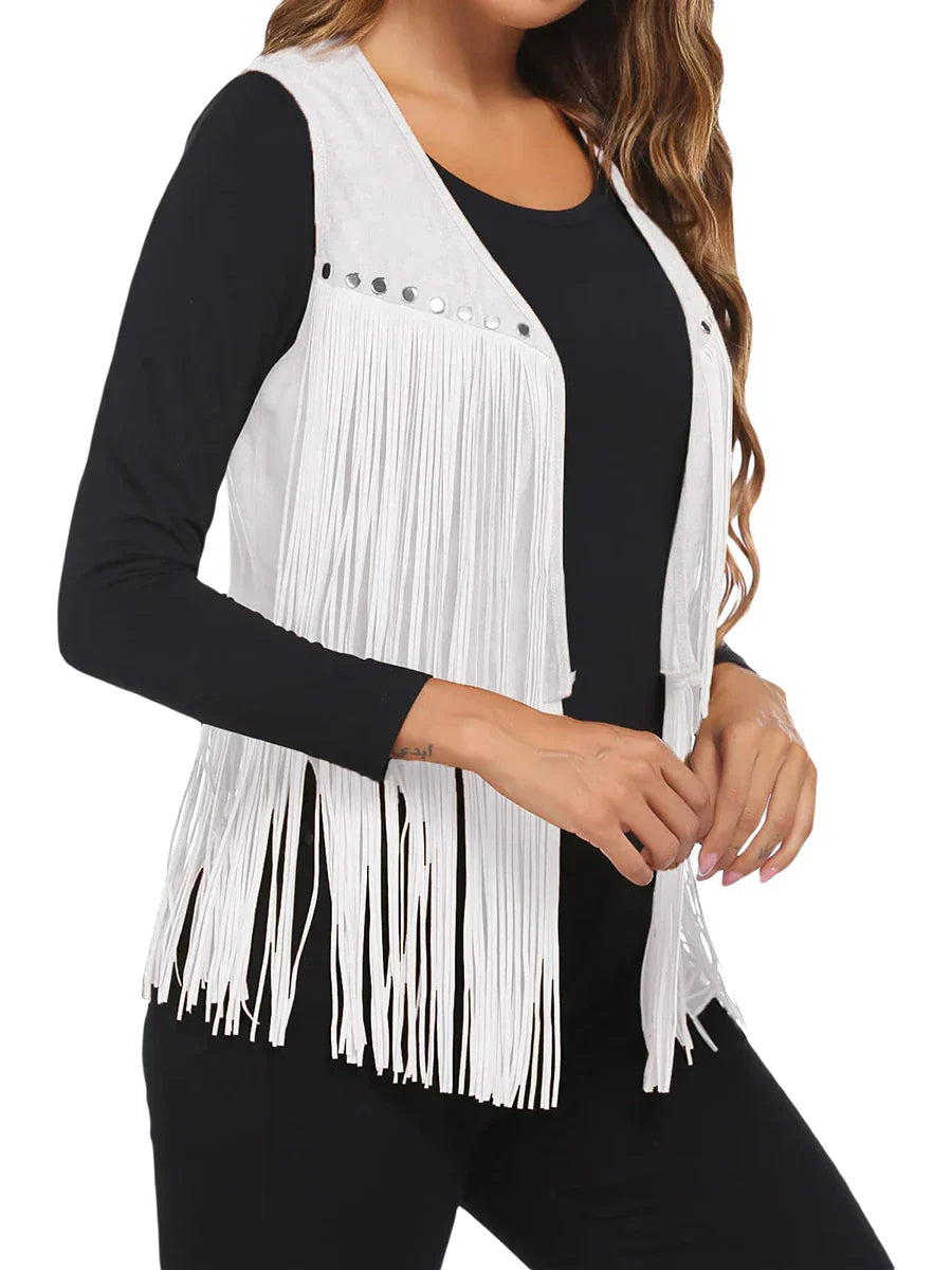 Frederika | Open-Front Fringe Vest with Stud Accents