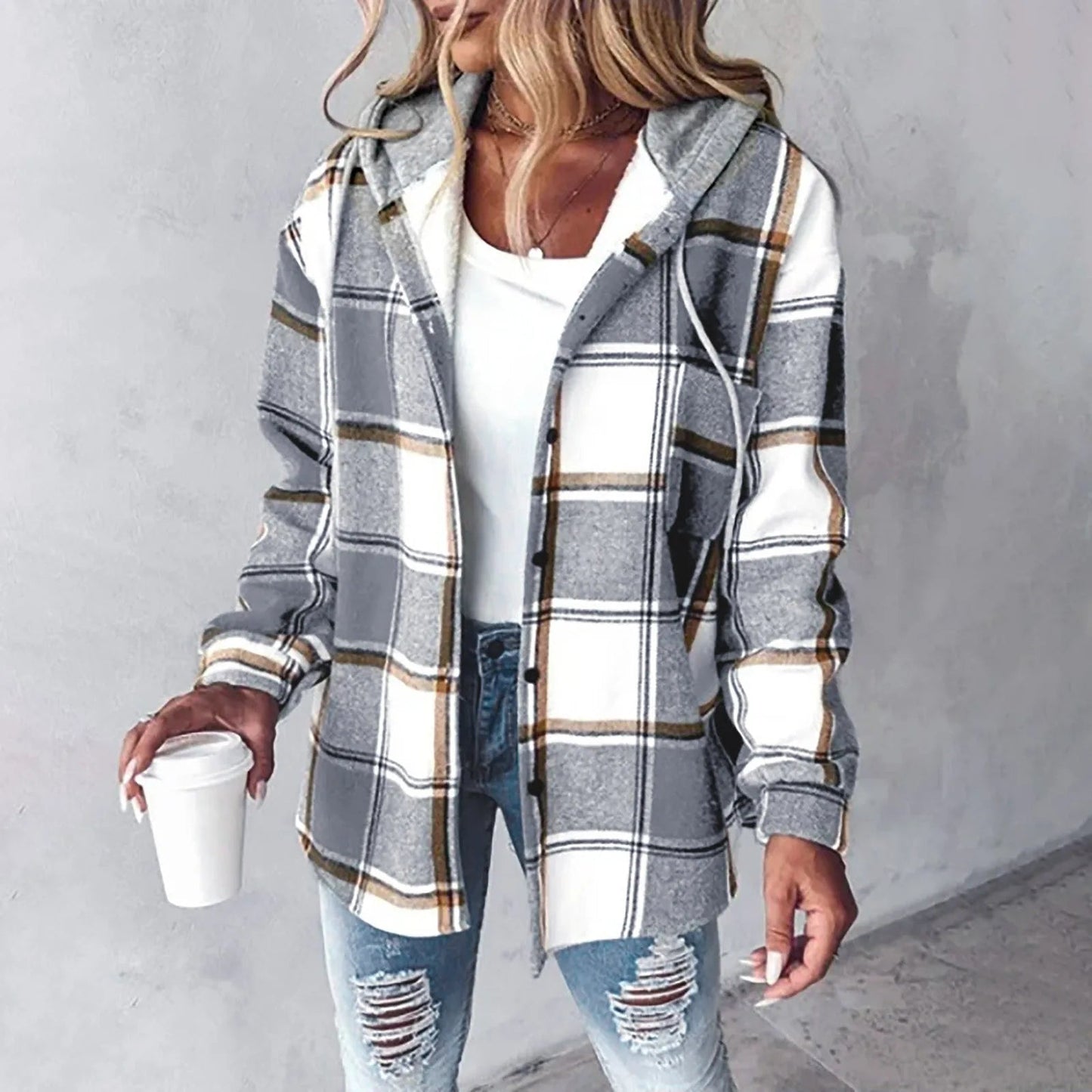 Checked cardigan shown from the side
