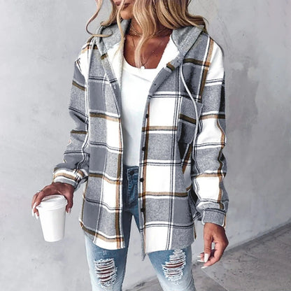 Checked cardigan shown from the side