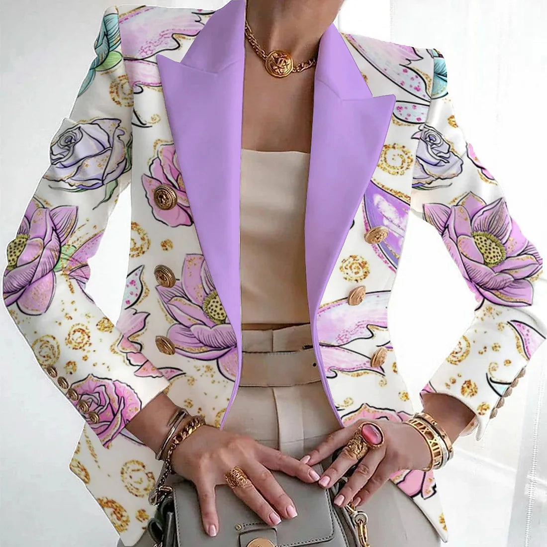 Printed blazer with a notch lapel, front view