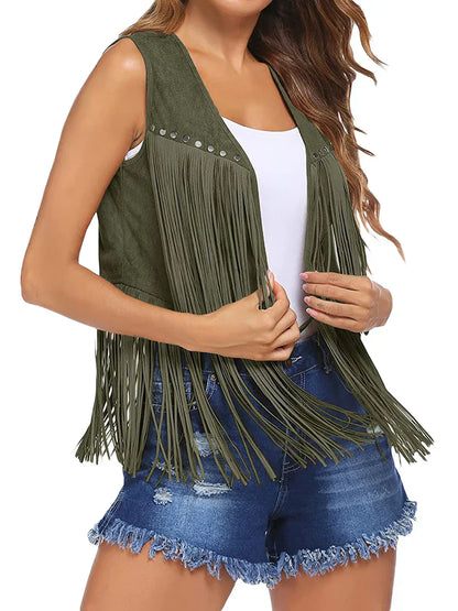 Frederika | Open-Front Fringe Vest with Stud Accents