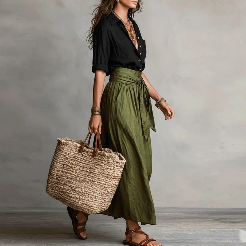 Button-down blouse and skirt set seen at full length
