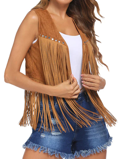 Frederika | Open-Front Fringe Vest with Stud Accents