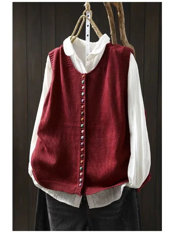 Round-neck button vest shown in a second colourway
