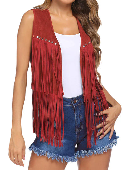 Frederika | Open-Front Fringe Vest with Stud Accents