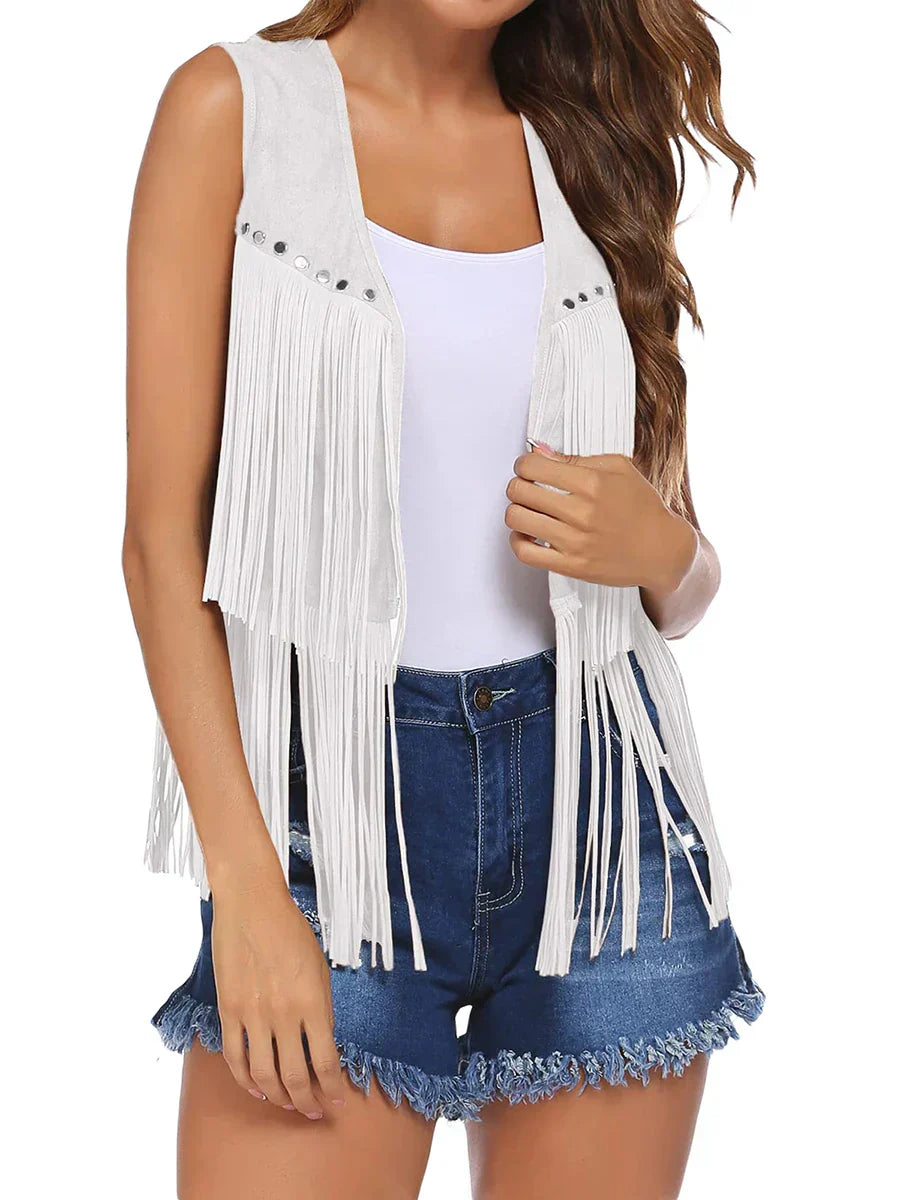 Frederika | Open-Front Fringe Vest with Stud Accents