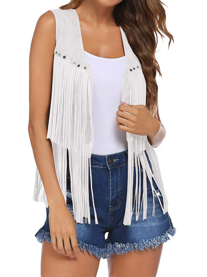Frederika | Open-Front Fringe Vest with Stud Accents