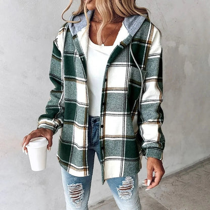 Checked cardigan showing the lining and drape