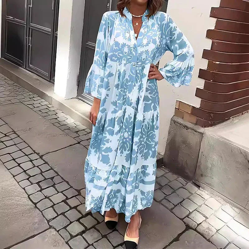Printed midi dress showing the flowing skirt